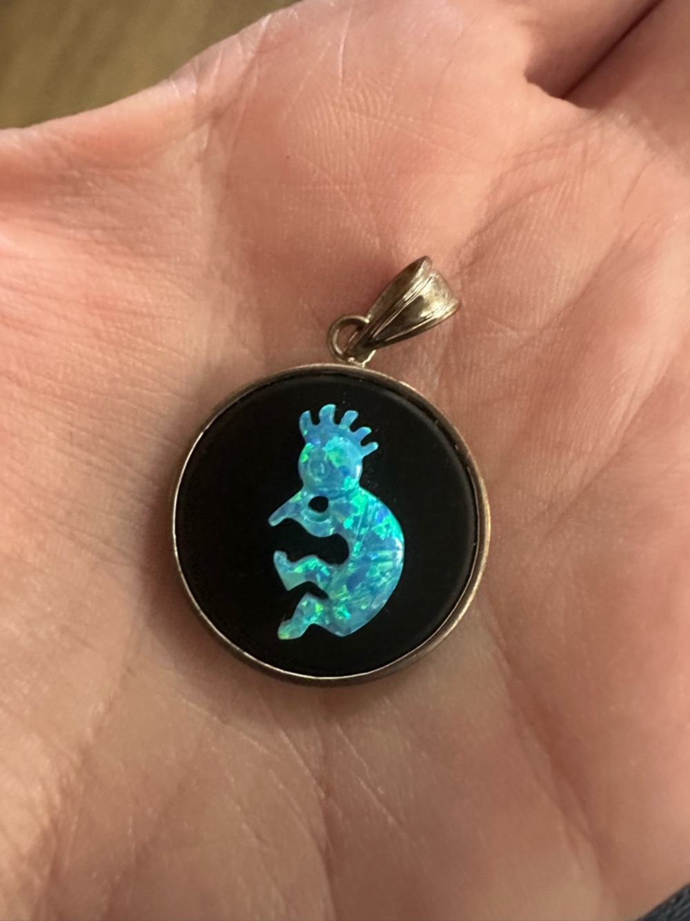 Round Kokopelli Pendant - Blue Opal on Black